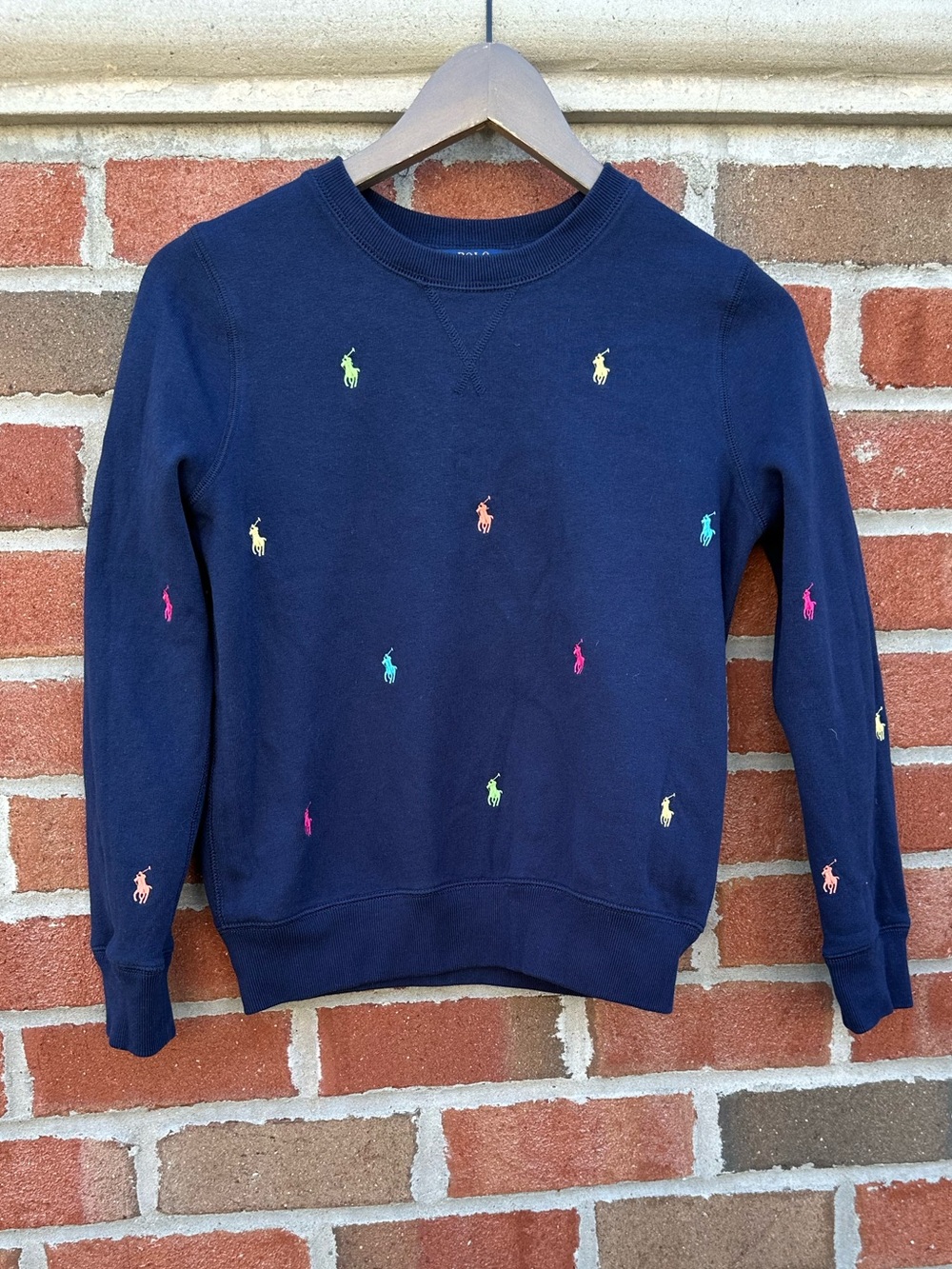 Polo Ralph Lauren Girls Navy Crewneck Sweatshirt with Multicolor Pony Logos Sz L